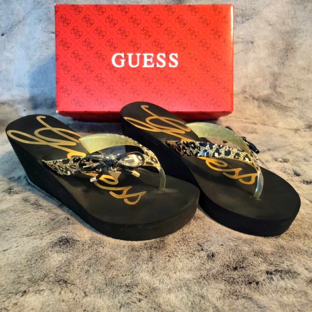 Guess Wedge Black Leppard Print Flip Flop